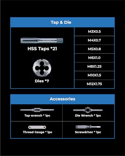 Image of toolant Professional Tap and Die Set, HSS Nitrided Taps with 3-Piece Progressive Design for Blind Holes, Heavy-Duty Metric Threading Tool Kit for Mechanics, Engine Block & Mold Repair
