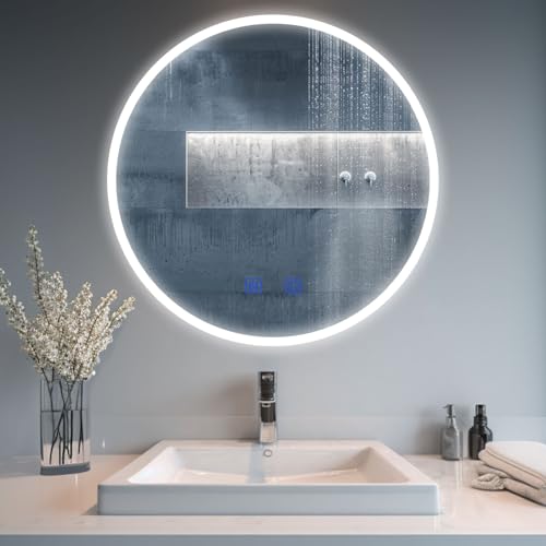 MAERTS-E 800mm Round LED Bathroom Mirror, Wall Mounted with 3-Colour Dimmable Lights, Anti-Fog Demister & Touch Control - Modern Illuminated Vanity Mirror