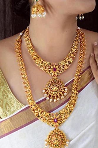 Gold-Plated Traditional South Indian Auspicious Temple Jewelry Bridal Jewelr Double Necklace Set White Beads with Earrings for Women & Girls (Multicolor)