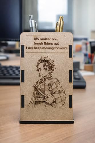 Image of Tanjiro Kamado Wooden Pen Stand | Anime Pencil Holder for Study Table | Demon Slayer Desk Accessories