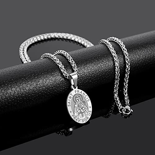 P. BLAKE Oval Saint Christopher/Michael/Joseph/Jude/Virgin Mary/Joseph/Francis/Patrick/Anthony/Benedict/Thomas Necklace for Men Women, Stainless Steel Catholic Patron Pendant with Chain 24 Inches