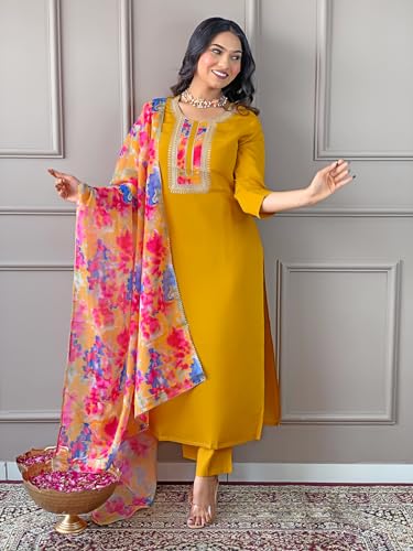 Image of Naixa Women's Rayon Embroidery Printed Straight Kurta with Pant and Dupatta Sets for Wedding and Festival Wear