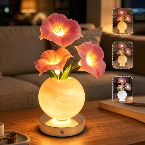 Lampe De Table Tulipe, 3 Couleurs Lampe De Chevet Tactile en Cristal avec Vase à Intensité Variable,Lampe de Bureau Rechargeable Sans Fil,Cadeau Romantique pour Femme Maman (Gloire du Matin)