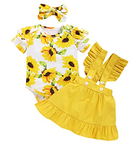Toddler Girls Outfits 3pcs Baby Romper Clothes Set Girl Floral Jumpsuit+Strap Skirt Outfits (18-24 Months, C)