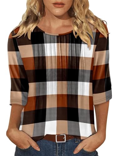 KISSMODA Tunic Tops for Women Loose Fit Dressy Round Neck Pleated 3/4 Length Sleeve Spring Tops
