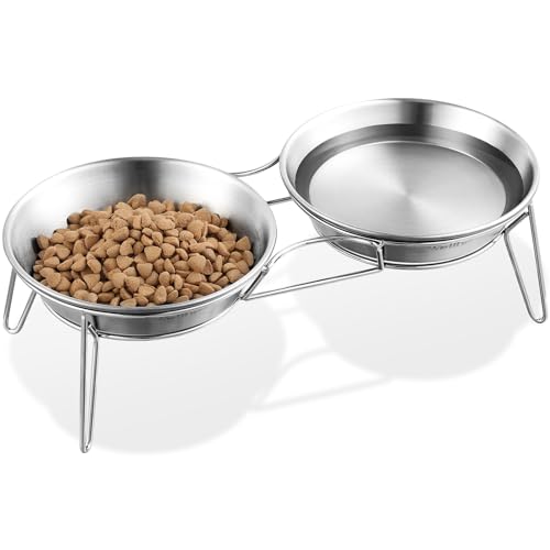 Wellbro Elevated Cat Bowls, 5.9 Inch Wide Stainless Steel Cat Food Bowls with Metal Stand Whisker Stress-Free, Raised Food and Water Dish for Cats, Kitten