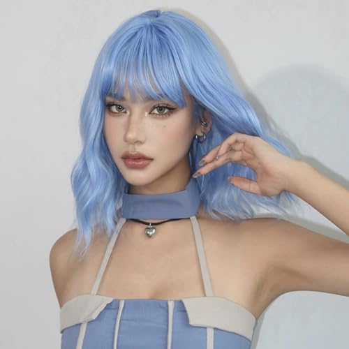 Image of Pastel Light Blue Wavy Bob Wig for Women, Short Shoulder Length Synthetic Wig with Bangs, Matte Natural Realistic Look Lightweight Hairpiece, Light Blue Color for Daily Wear & Cosplay Costume