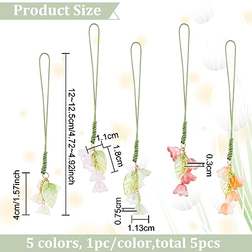 BENECREAT 5 Colors Cell Phone Strap Charms, Flower Pendant Charm Pocket Keychain Strap Leaf Phone Accessories for Car Key Purse Decoration Bags Keychain, 4.7 inch long