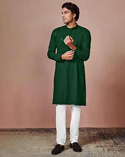 Image of Men's Rayon Blend Lucknowi Sequence Kurta Pyjama (Chickankari)