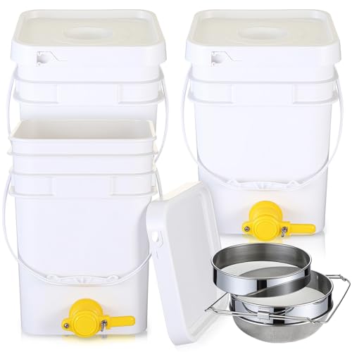 Baderke 3 Pack 5 Gallon Honey Bucket Plastic with Spout Bottling Valve and Stainless Steel Double Layer Strainer, Honey Extractor Equipment Beekeeping Harvesting Tool Beekeeping Supplies
