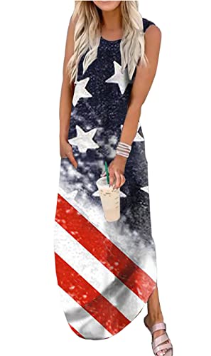 Image of LLHXRUI American Flag Maxi Dress for Women 4th of July Patriotic Long Tank Dress Casual Loose Pocket Dresses