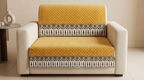 Image of KINGLY Sofa Cover 2 Seater Fully Covered | Stretchable Anti-Slip Slipcover | Washable Furniture Protector | Mustard Yellow | Set of 2 | Seat & Back |