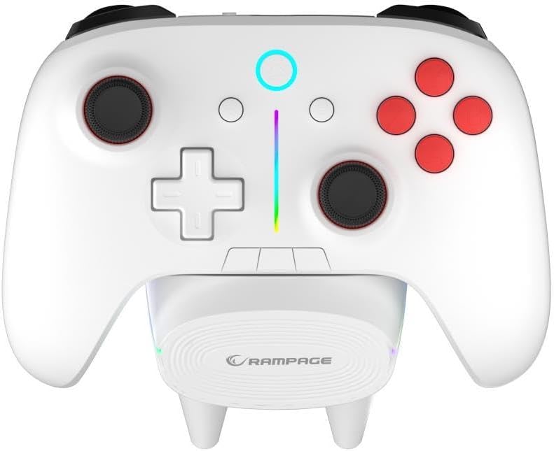 Top-down view of the Rampage HYDRA PRO Gamepad on its charging station, showing button layout.