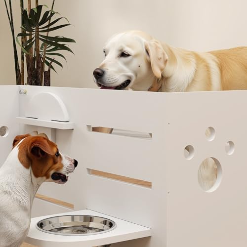 PawHut Erhöhter Hundenapf Höhenverstellbar Futternapf mit Ständer Anti-Schling-Matte 2 x 1000ml Langsamfutternapf verstellbar Fressnapf Futterstation Hundenäpfe für Mittlere Hunde Katzen Weiß