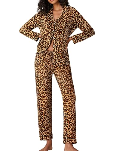 Image of Ekouaer Pajamas Women's Long Sleeve Sleepwear Soft Button Down Loungewear Pjs Lounge Set Nightwear XS-XXL