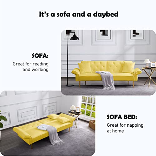 Lepfun Velvet Futon Sofa Bed, Memory Foam Couch Set, Upholstered Modern Daybed Convertible Folding Loveseat Recliner With Pillows And Wooden Frame For Compact Living Room,Apartment,Dorm,Office(Yellow) #TOP3