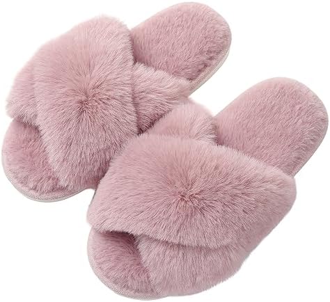 Evshine Women's Fuzzy Slippers Cross Band Soft Plush Open Toe House Slippers Anti-Skid Cozy Memory Foam Slip on Indoor or Outdoor Slippers for Women