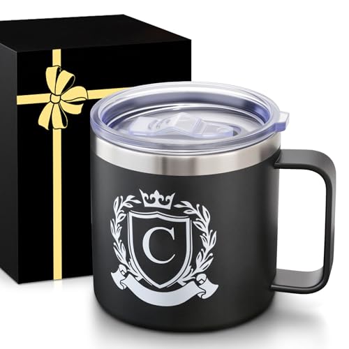 Image of 14 Oz Initial Insulated Coffee Mug with Lid Travel Large Cup Men Him Gifts Boyfriend Bf Fiance Mr 1 One Year First Anniversary Meaningful Unique Romantic Christmas Valentines Day Custom Personalized,C