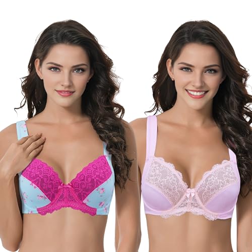Curve Muse Women's Plus Size Unlined Underwire Lace Bra with Cushion Straps-Blue Print,Light Pink-Size:36C (EU:80C)