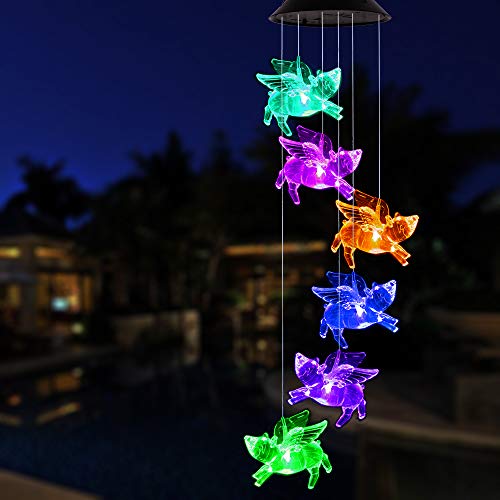 Color Changing Led Pigs Fly Wind Chimes Gift Portable Waterproof Mobile Romantic Fly Pigs Windchime, Led Solar Pig Wind Chime Lights Gift For Mom, Festival, Patio, Garden, Outdoor Decor(Black Lid) #TOP6