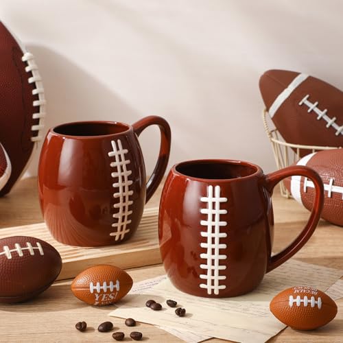 FoldTier 2 Pcs 17oz Football Ceramic Coffee Mugs, 3D Handmade Sports Design Porcelain Cups with Handle, Hand Painted Large Tea Mugs for Coffee Cocoa and Hot Drinks Sport Gift for Men and Women