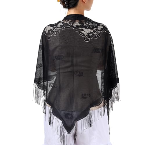 Eigso Triangle Floral Lace Wraps for Women Mesh Tassel Shawls for Wedding Party Dress