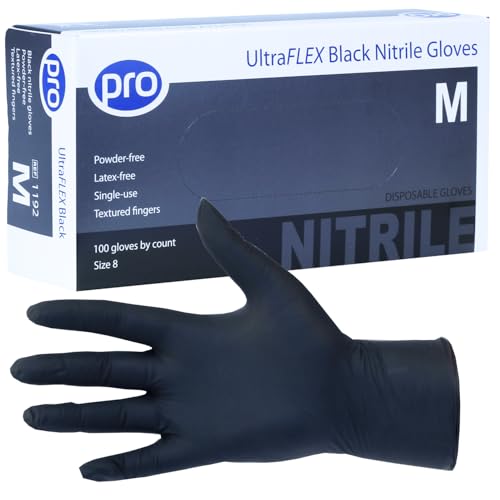 PRO UltraFLEX Black Disposable Gloves - Black Nitrile Gloves Disposable Medium - 100x Pack - Powder-Free - Latex Free - Ideal Nail Tech Supplies, Tattoo Supplies - Food Safe