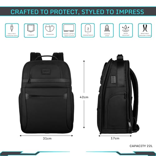 Image of F Gear Arvion 22L Premium Black Tech Laptop Backpack with USB & Type-C Charging Ports|2 Compartments & 4 Pockets|Fits 17-inch Laptop|Water-Resistant, Luggage Strap|Office & Travel Backpack
