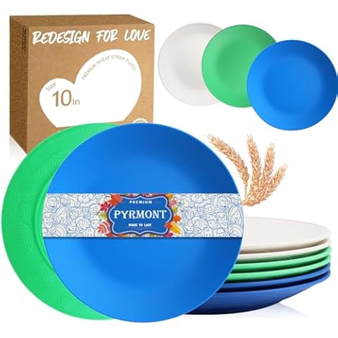 PYRMONT Wheat Straw Dinner Plates 10 Inch,Plastic Reusable Plates Set of 6,Microwavable Unbreakable Dinnerware,Lightweight Plates for Kitchen,Salad Plate Camping Dishes Cover