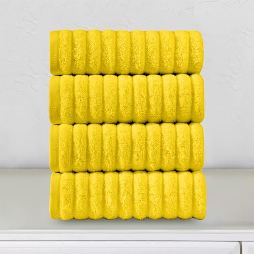 Image of Elegant Comfort Luxury 100% Turkish Cotton Corduroy Ribbed 4 Pack Hand Towel Set 16 x 28 Inch - Absorbent, Super Soft, Quick Dry, Premium Towels for Bathroom, Gym, Spa and Hotel Use, Yellow
