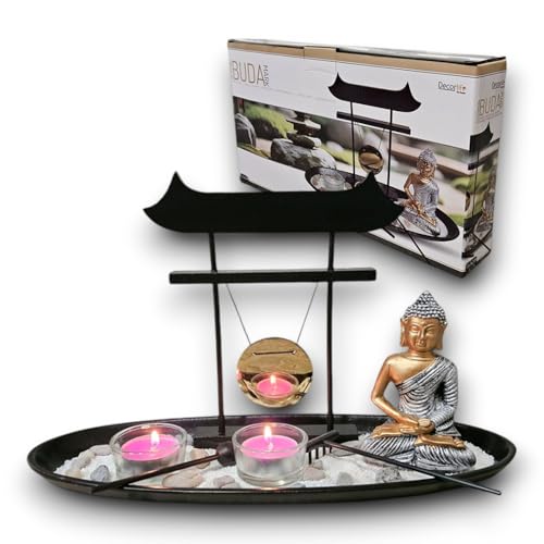 Portavelas Buda con Gong - Centro de Mesa Decorativo para Salón y Hogar - Bandeja Porta Velas Estilo Zen - Buda Decorativo - Figura budas Originales Salon