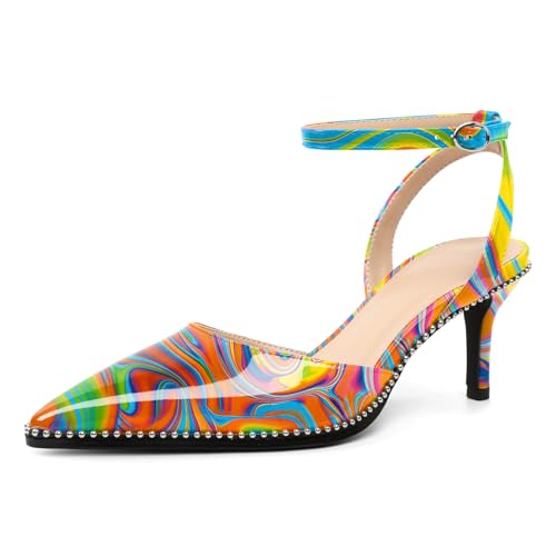 Image of SAMMITOP Kitten Heels for Women Low Heel Closed Toe Ankle Strap Pumps Wedding Party Beaded Dress Shoes 2.4 Inch