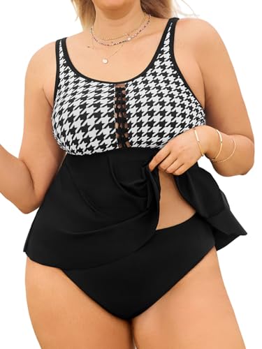 CUPSHE Women's Plus Size Tankini Sets Scoop Neck Flowy Two Piece Swimsuits Adjustable Straps Mid Rise