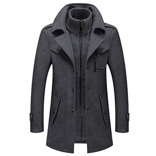 Lu's Chic Men's Winter Business Casual Zip Up Jacket Wool Trench Coat Slim Fit Top Coat Single Breasted Peacoat