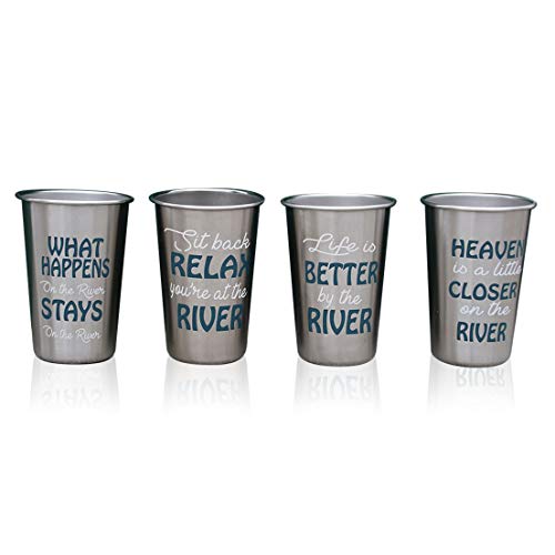Stainless Steel Drinking Glasses With River Sayings Glassware Set 16 oz, Life Is Better By The River, Whatever Happens At The River Stays The River Set of 4