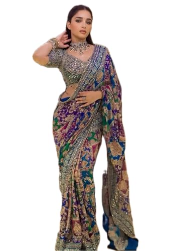 Image of Vinayak Textile Women's Blue Green Pink Multicolored Ajrak Digital Prined Real Mirror And Latkan Worked Saree With Blouse