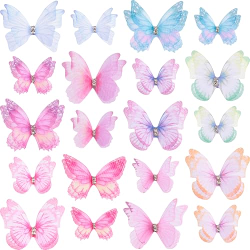 PAGOW 20pcs Mini 3D Butterflies for Crafts, Colorful Double-Layer Organza Fabric Butterflies Decorations, Cute Tiny Butterfly Hair Clips Appliques Accessories for Wedding, Party, Wall Ornament