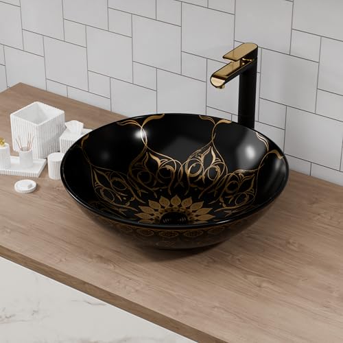 Image of B Backline Ceramic Moroccan Table Top Wash Basin /Counter Top Wash Basin /Bathroom Sink For Bathrooms & Livingroom 41 X 41 X 14 Cm (Black Gold Glossy)