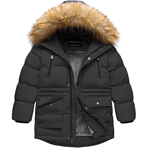 CREATMO US Boy's Long Parka Winter Coats Fleece Lined Jacket Fur Hood Coat Black 6/7 Cover