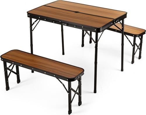 Outtec® Mesa de Camping pequeña Mesa Plegable con Juego de 2 Bancos - 90 x 60 cm