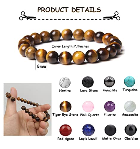 Wainis 12 Pcs 8Mm Gemstones Beaded Bracelets For Men Women Stone Bead Healing Stretch Round Bead Crystal Semi-Precious Bracelets Unisex #TOP1
