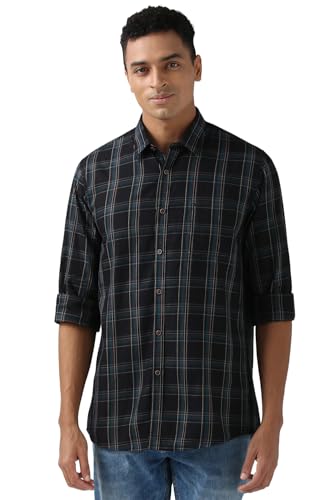Image of Peter England Men Black Slim Fit Check Shirt