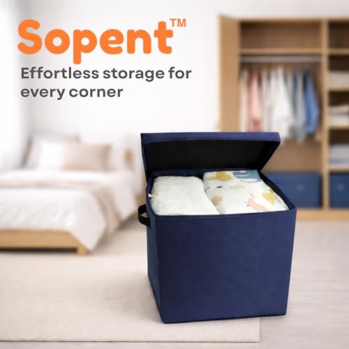 Image of Sopent Fabric Storage Box and Organiser with Lid - Blue 33x33x33cm, 36L | Foldable Cloth Organizer with Cover for Clothes, Toys & Wardrobe