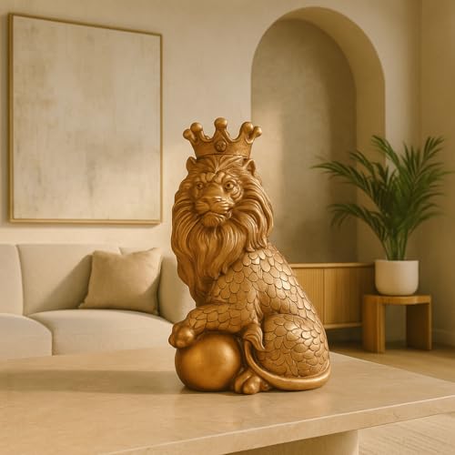 Image of Xtore Golden Lion Statue with Crown | Resin Home Decor Figurine | Luxury Animal Decor | Elegant Ornament for Living Room, Office, or Shelf | Regal Art Piece - Golden