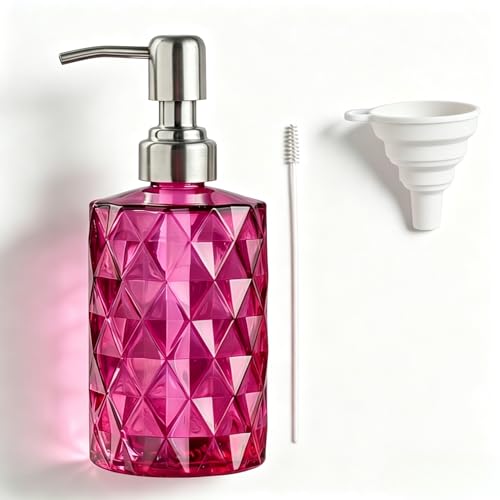 Easy Tang Glass Hand Soap Dispenser Bathroom Kitchen 12Oz with Silver Pump Refillable Liquid Dispenser (Magenta)