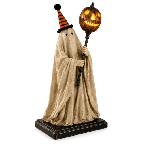 Image of Lighted Vintage Ghost Figurine with Pumpkin Staff, Indoor Halloween Decor (XL)