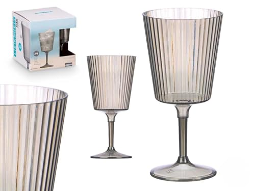 Makio M Copas de Plástico Reutilizables, 400 ml, Set de 4, Diseño Rayado, para Fiestas y Picnics (Copas Gris)