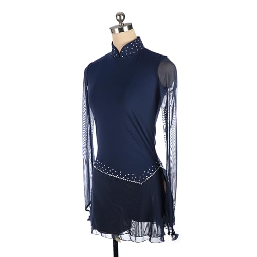 Vestido de patinação artística, malha temperamental brilhante strass gola alta patinação artística c