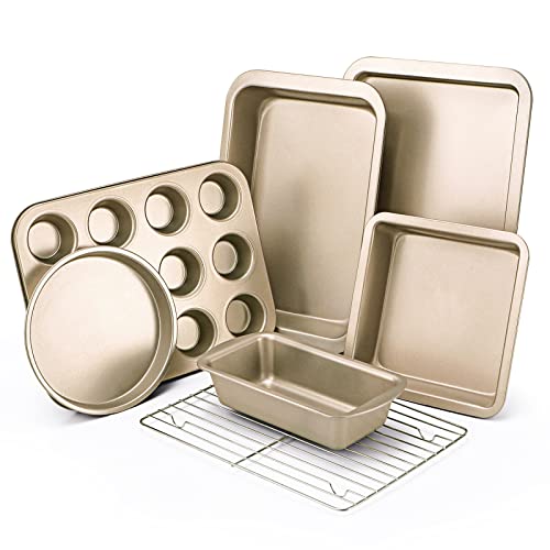 Kitessensu Baking Pans Sets, Nonstick Bakeware Set 8-Piece With Round/Square Cake Pan, Loaf Pan, Muffin Pan, Cookie Sheet, Roast Pan, Cooling Rack & Silicone Oven Mitts, Carbon Steel Bake Set #TOP11
