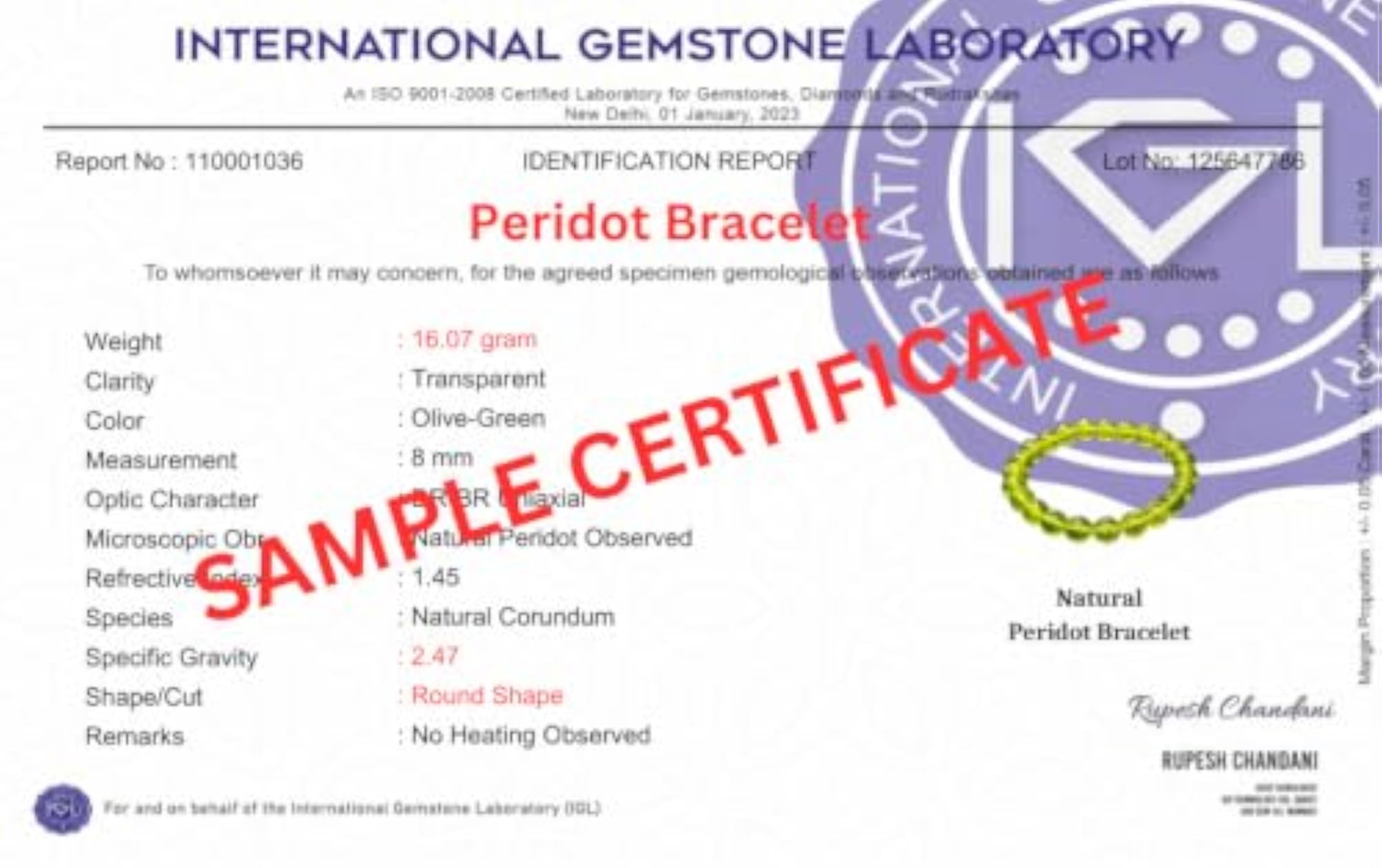 Adjustable Peridot Bracelet with Original Certified Green Stone